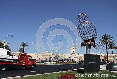 Sculpture of a bird on the Constitution Square, one of the main squares of Cadiz. Editorial Stock Photo