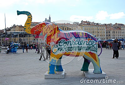 Sculpture of bright colourful elephant in Marseill Editorial Stock Photo