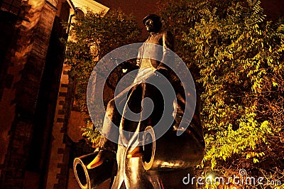 Sculpture carving brass statue of Franz Kafka on Dusni and Vezenska street for Czechia people and foreign travelers travel visit Editorial Stock Photo