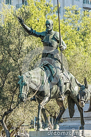 Sculpture of Don Quixote in Stone Monument to Miguel de Cervantes Saavedra at Plaza de EspaÃ±a, Madrid, Spain Editorial Stock Photo