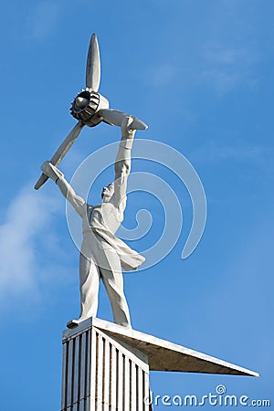 The sculpture of the engine manufacturer, the propeller plane. Fragment of the memorial complex Fire of Glory. Rybinsk Editorial Stock Photo