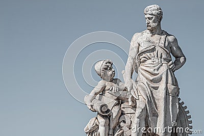 Sculpture of engineer and his scholar on Zoll Bridge in Magdeburg downtown at smooth gradient background, Germany, details, Stock Photo