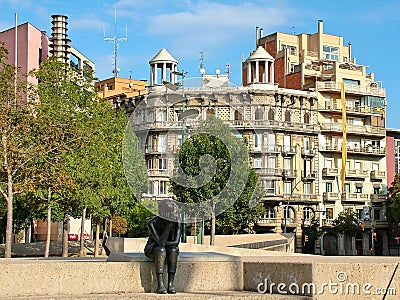 Sculpture girl sitting on the Constitution Square in Girona, Spa Editorial Stock Photo