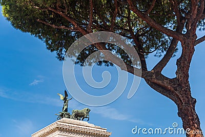The sculpture of Goddess Victoria riding on quadriga seen through green pine. The top of Monument Vittorio Emanuele II Stock Photo