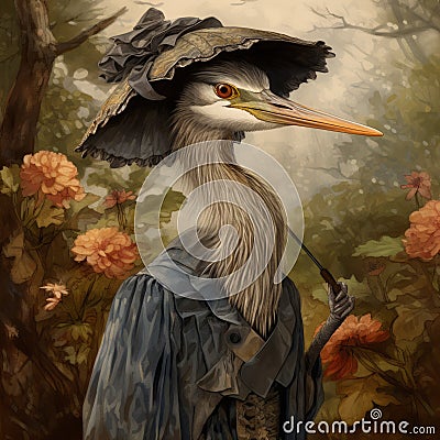 Realistic Landscape Illustration Of Young Female Heron In Victorian Style Cartoon Illustration