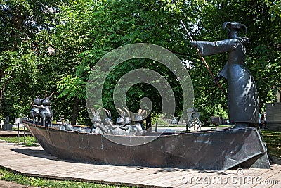 Sculpture Grandfather Mazai and the hares in Muzeon Park of Arts in Moscow Editorial Stock Photo