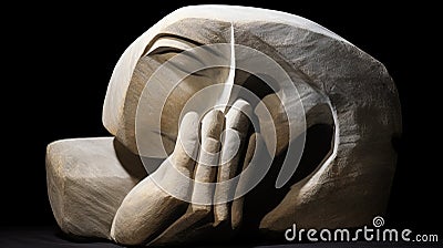 Stone Sculpture: A Dramatic Abstract Depicting A Slumped Girl With Ritualistic Masks Stock Photo