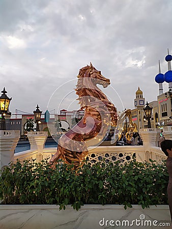 sculpture horse view global village Editorial Stock Photo