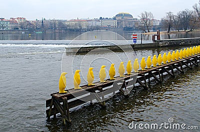 Sculpture March of penguins through Vltava on Kampa Island, Prague, Czech Republic Editorial Stock Photo