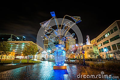 Sculpture at night, in downtown Norfolk, Virginia. Editorial Stock Photo