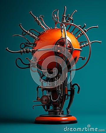 a sculpture of an orange eye with a bunch of wires attached to it Stock Photo