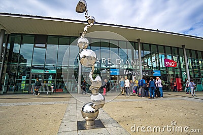 Sculpture outside SNCF Annecy train station. Urban view from Annecy station. Editorial Stock Photo