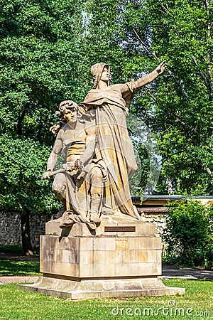 sculpture of slavic mythical figures - statues of Premysl and Libuse on pedestal in Vysehrad, Prague, Czech republic Editorial Stock Photo