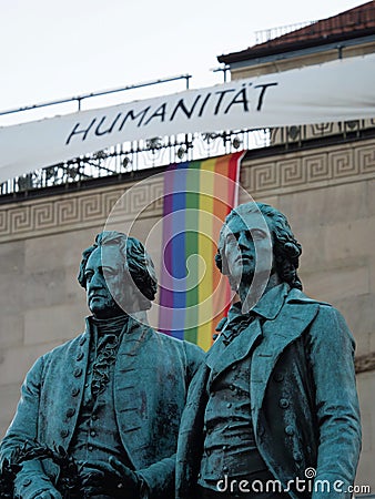 Sculpture statue of Johann Wolfgang Goethe and Friedrich Schiller in front of German National Theatre, Weimar Thuringia Editorial Stock Photo