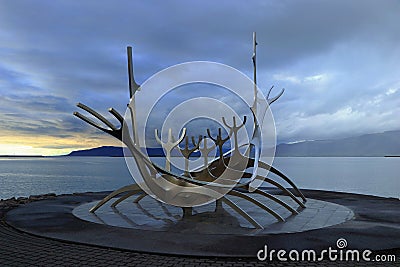 Dramatic Evening Light on the Sun Voyager Sculpture, Reykjavik, Iceland Editorial Stock Photo