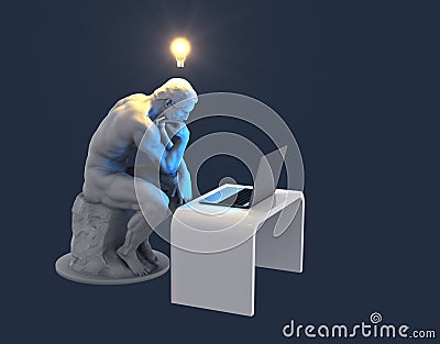 Sculpture Thinker With Laptop And Glowing Light Bulb Over His Head As Symbol Of New Idea. Blue Background Editorial Stock Photo