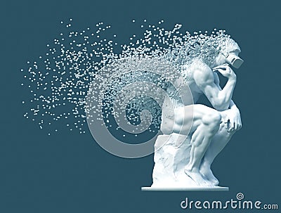 Sculpture Thinker With VR Glasses Desintegrated Into 3D Pixels On Blue Background Editorial Stock Photo