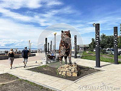 Vladivostok, Russia, August, 26, 2023. Sculpture of a tiger made of scrap metal on the embankment of the Sports Harbor Editorial Stock Photo