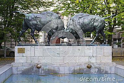 Sculpture of two large figures of bison in Kaliningrad Editorial Stock Photo