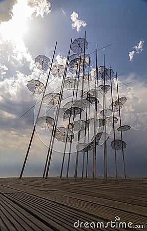The sculpture Umbrellas located at the New Beach in Thessaloniki, Greece Editorial Stock Photo