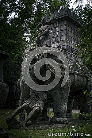 Sculpture of the war elephant gripping the soldier\'s dead body at the famous monster park, I Stock Photo