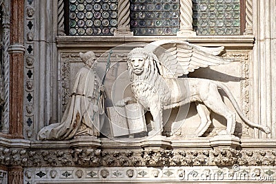 sculpture of a winged lion, the heraldic symbol of the city of Venice in Italy Stock Photo