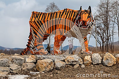 Sculpture of a wooden tiger Stock Photo