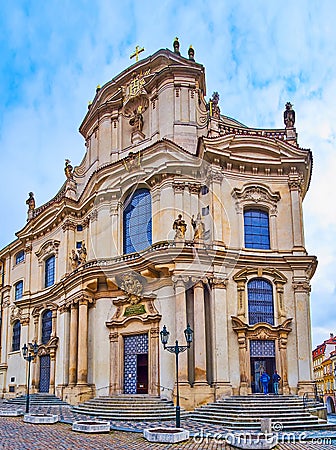 The sculptured facade of St Nicholas Church, Malostranske Lesser Quarter Square, Prague, Czech Republic Editorial Stock Photo