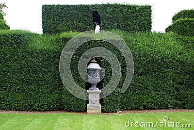 Sculptured urn and hedge, Sudeley castle, England Stock Photo