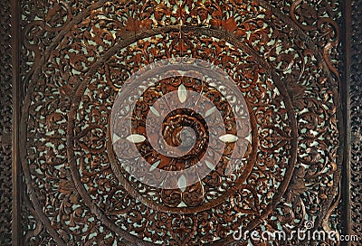 Sculptured wood circle decorative spiritual symbol of lotus flow Stock Photo