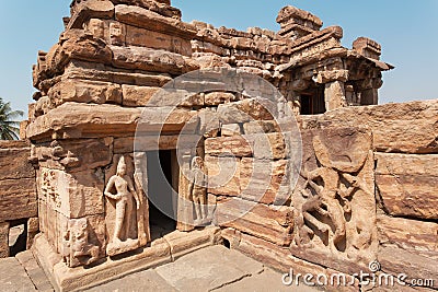 Sculptures on ancient walls of Hindu temples, architecture landmark in Pattadakal, India. UNESCO World Heritage site Stock Photo