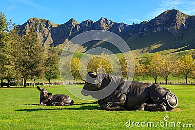 Sculptures of a bull and calf at Craggy Ridge Winery, New Zealand Editorial Stock Photo