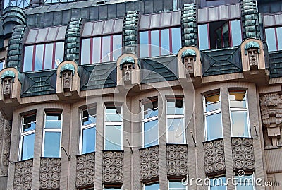 Sculptures and decorative elements of the Modern, Art Nouveau and Art Deco styles in architecture Editorial Stock Photo