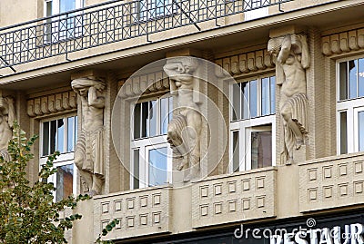 Sculptures and decorative elements of the Modern, Art Nouveau and Art Deco styles in architecture Editorial Stock Photo
