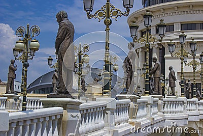 Sculptures of famous Macedonian people on the Art bridge in Skopje, North Macedonia Editorial Stock Photo