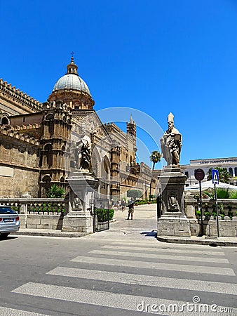 Sculptures in front of the Duomo in Palermo, Italy Editorial Stock Photo