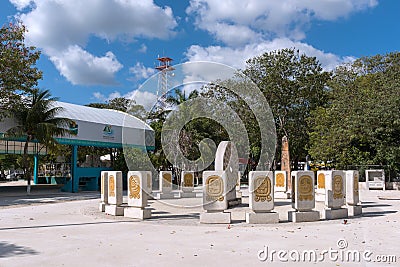Sculptures in front of the Maya Park Culture Museum, Tulum, Quintana Roo, Mexico Editorial Stock Photo
