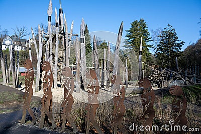 Spears on stone age playground of Neanderthal Museum, Mettmann, Germany. Museum for the prehistory and early history of mankind. Editorial Stock Photo