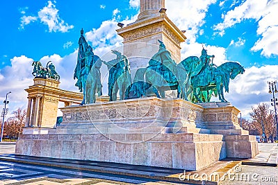 The sculptures of the seven chieftains on the stone base of the column of Millennium Monument on Heroes` Square, Budapest, Hungar Editorial Stock Photo