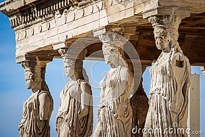 Sculptures of women in the temple complex Acropolis in Athens Editorial Stock Photo