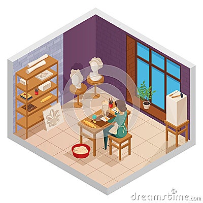 Scuplting Studio Isometric Composition Vector Illustration