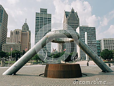 Scupture and view of buildings in downtown Detroit, at Hart Plaza Editorial Stock Photo