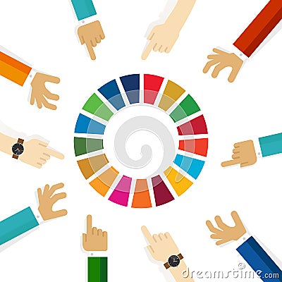 SDG sustainable development goals 17 goal hand pointing team focus concept discus on colorful circle Vector Illustration