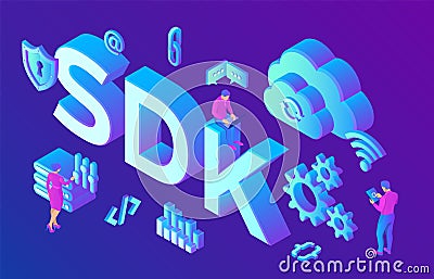 SDK. Software development kit programming language technology concept. Technology process of Software development. Isometric Stock Photo