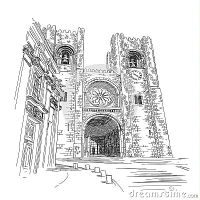 Se Cathedral in Lisbon - Vector illustration, hand drawing Vector Illustration