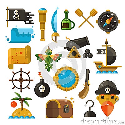 Sea adventure, pirate, weapon, treasure vector flat icons Vector Illustration