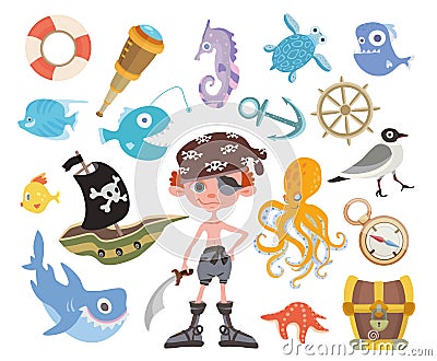 Sea adventure set. One-eyed pirate with a sword, treasure chest, shark, octopus and other pirate items. Children`s Vector Illustration