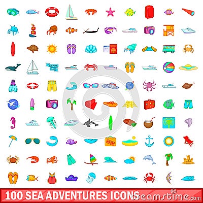 100 sea adventures icons set, cartoon style Vector Illustration