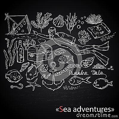 Sea adventures.Vector scuba diver on chalk blackboard. Vector Illustration