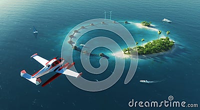 Sea airplane flying above private paradise tropical island Stock Photo